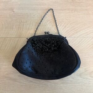 Ann Taylor‎ Black Satin Beaded Sequin Bag Kiss Lock Rhinestone Whimsigoth Clutch